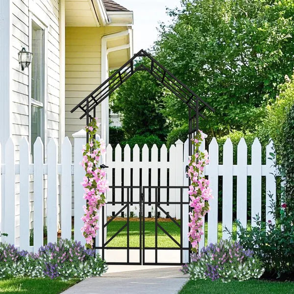 Metal Garden Arch with Gate - Black Climbing Plant Support
