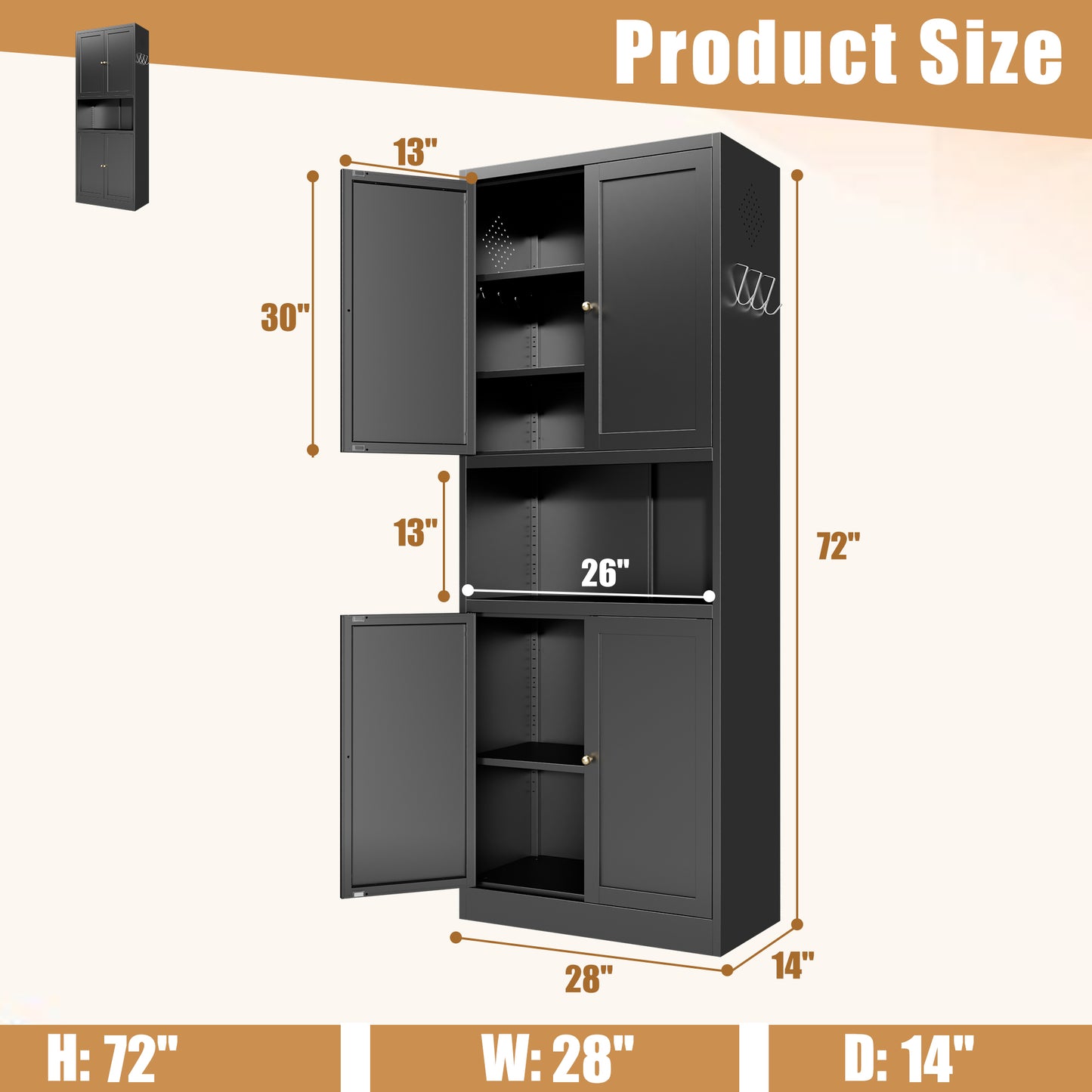72" High Black Metal Kitchen Pantry Storage Cabinet with Adjustable Shelves