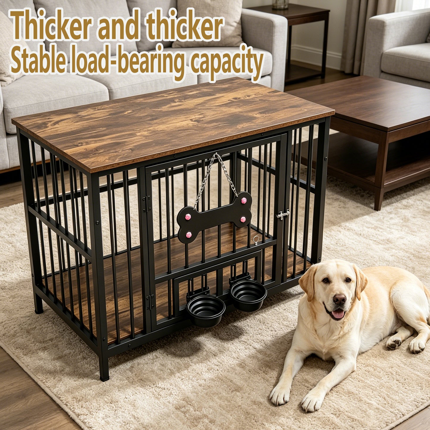 Wood Grain Dog Cage with Rotating Bowl and Silicone Safety Material - Pet Guardrails