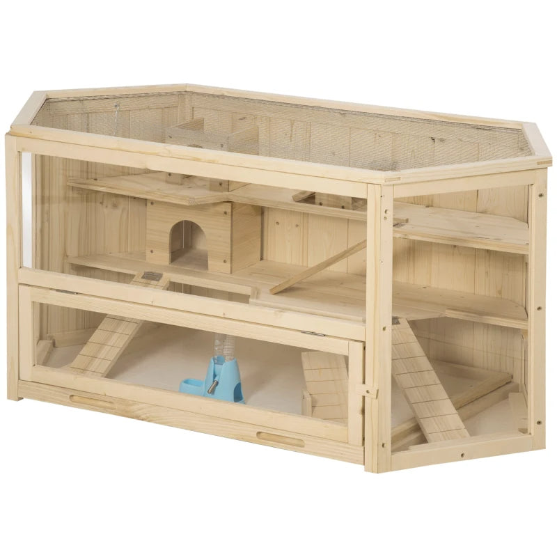 Large Wooden Hamster Cage with 3 Tiers, Activity Center & Water Bottle