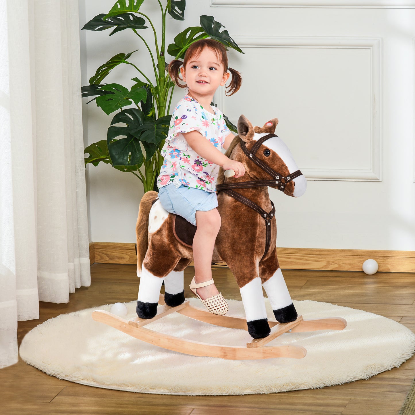 Plush Rocking Horse for Kids with Realistic Sounds - Brown