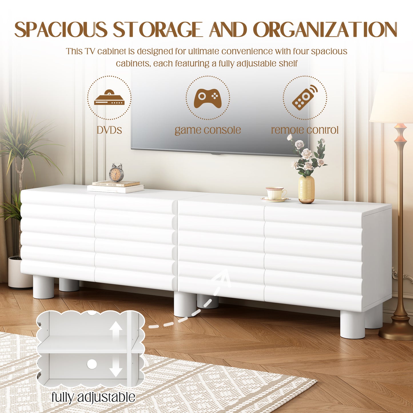 Stylish White Wavy Door TV Cabinet with Adjustable Shelves