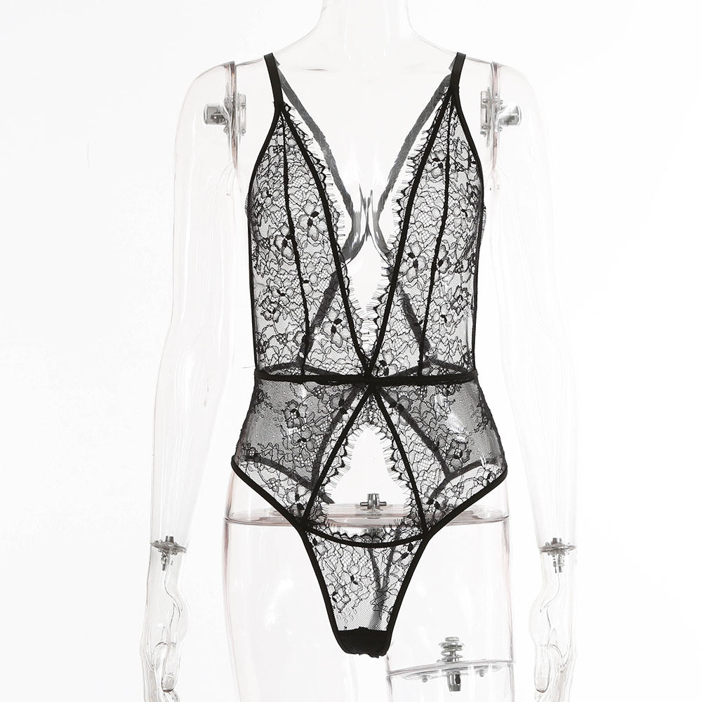 Lace Bodysuit with Deep V Neck and Waist Shaping - Black, S/M