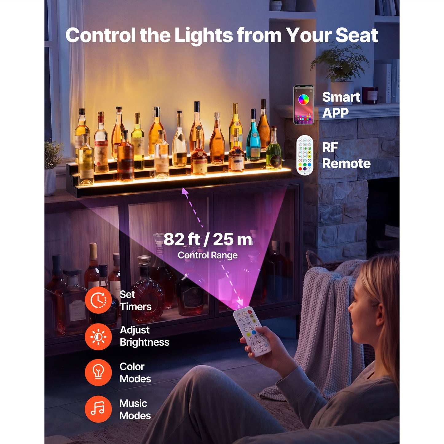LED Liquor Bottle Display Shelf with Remote & App Control, 3 Tiers, Acrylic Illuminated Home Bar, 48 Inch