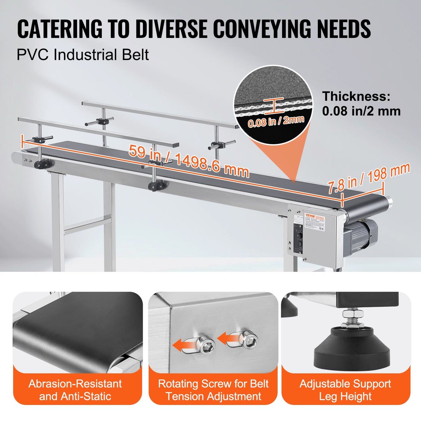 Heavy Duty Stainless Steel Belt Conveyor 59x7.8 Inch for Industrial Use