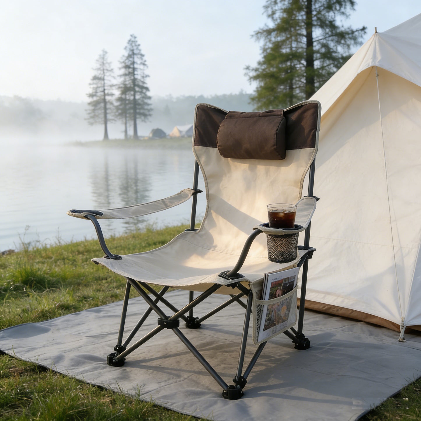 Portable Folding Camping Chair with Cup Holder & Side Pockets - Beige