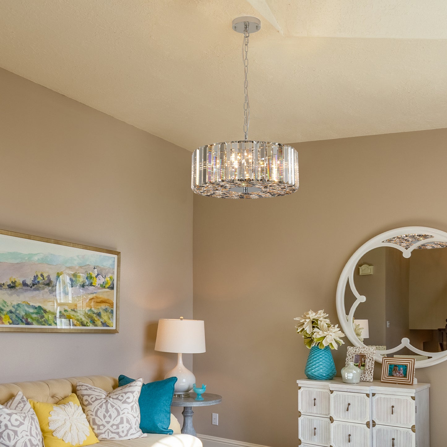 17-Inch Chrome Crystal Pendant Chandelier - Modern 4-Light Fixture