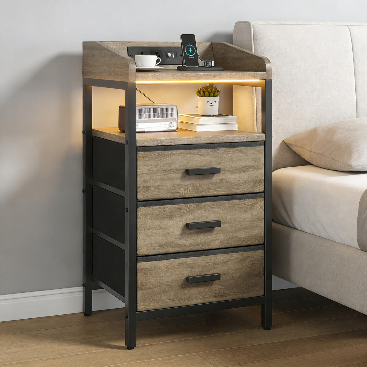 Nightstand with Charging Station and Fabric Drawers - Bedside End Table