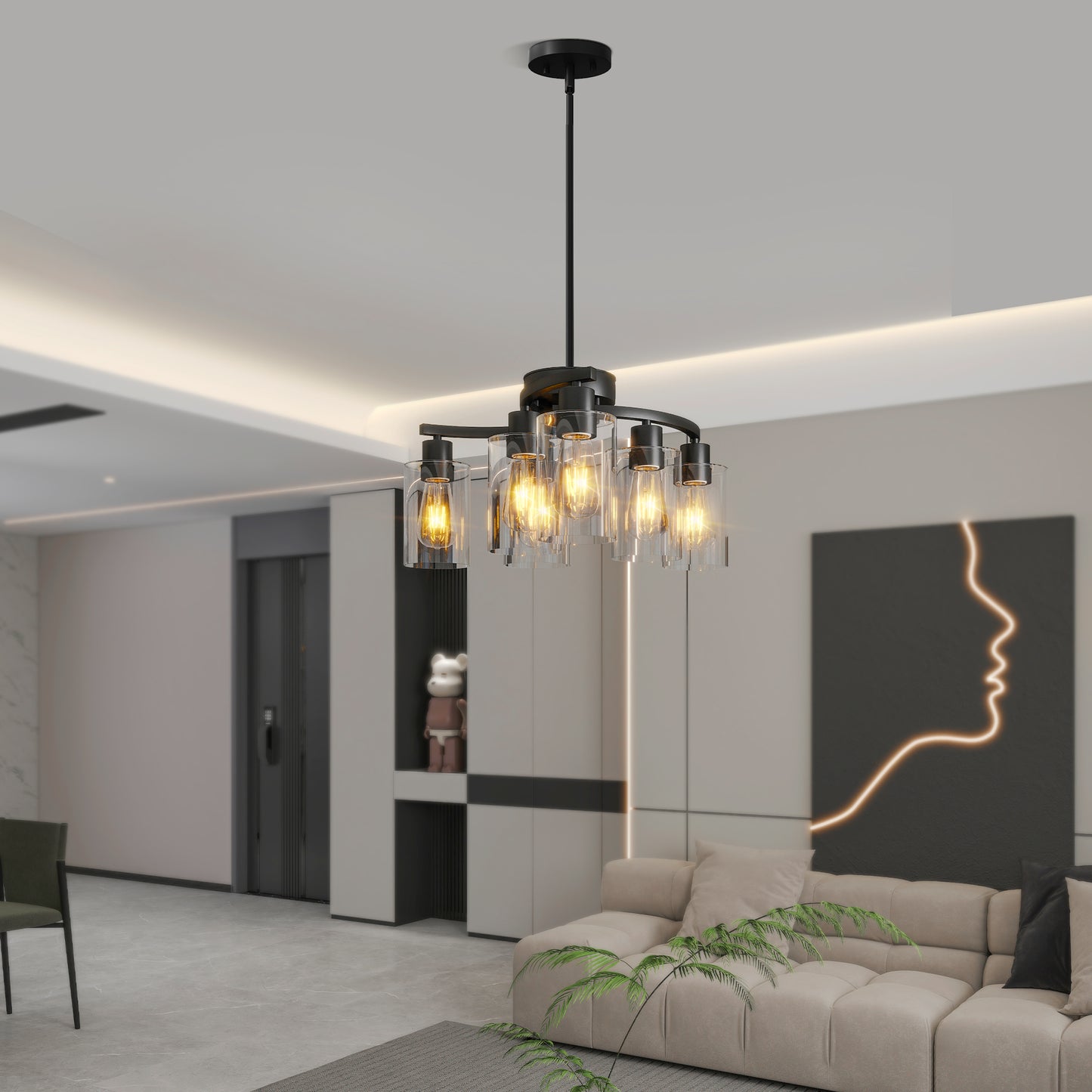 6-Light Farmhouse Black Chandelier for Dining Room Modern Pendant Light Fixture