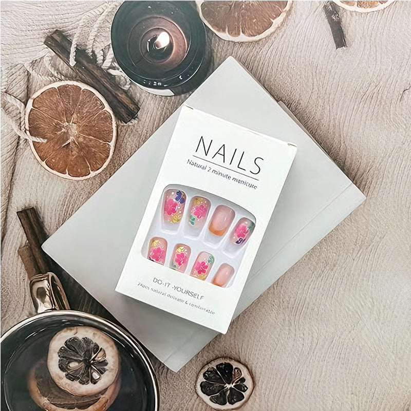 Short Square Press-On Nails with French Floral Designs - 24 Piece Set