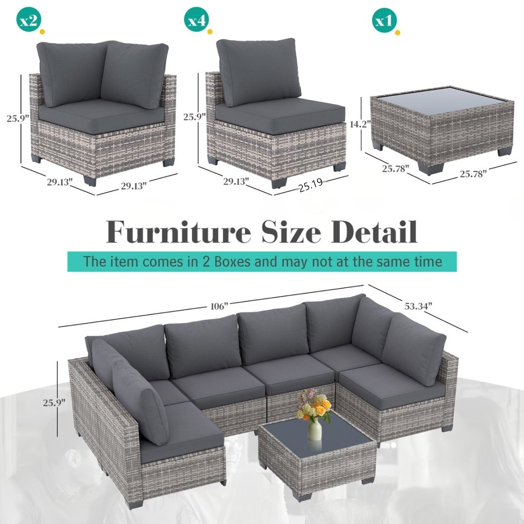 7-Piece Modular Outdoor Wicker Sectional Sofa Set with Cushions - Grey