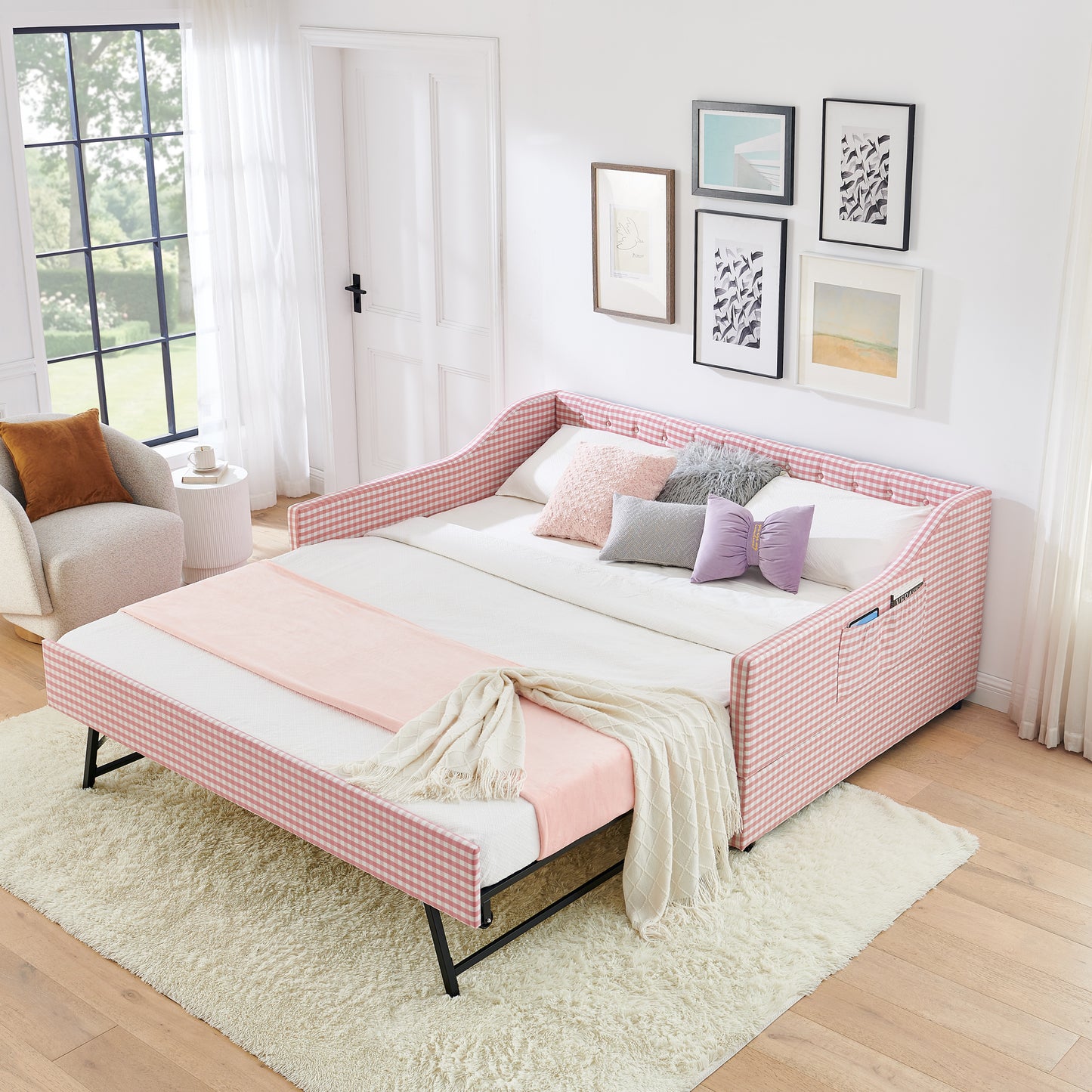 Full-Size Upholstered Convertible Daybed with Trundle & Storage - Pink