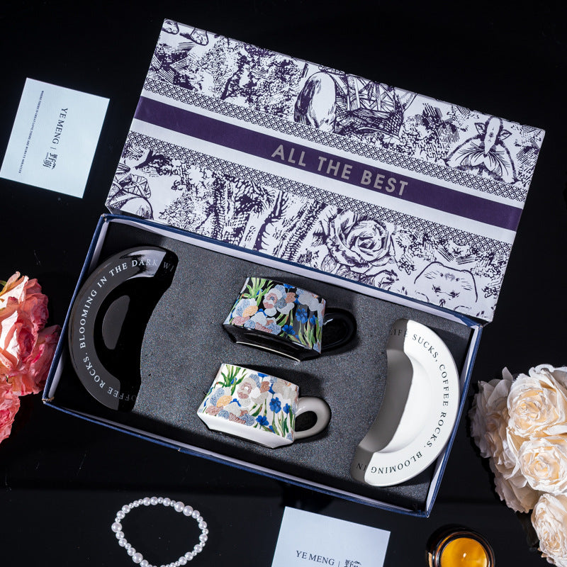 Elegant Iris Flower Ceramic Coffee Cup Set with Gift Box - Multiple Styles & Sizes