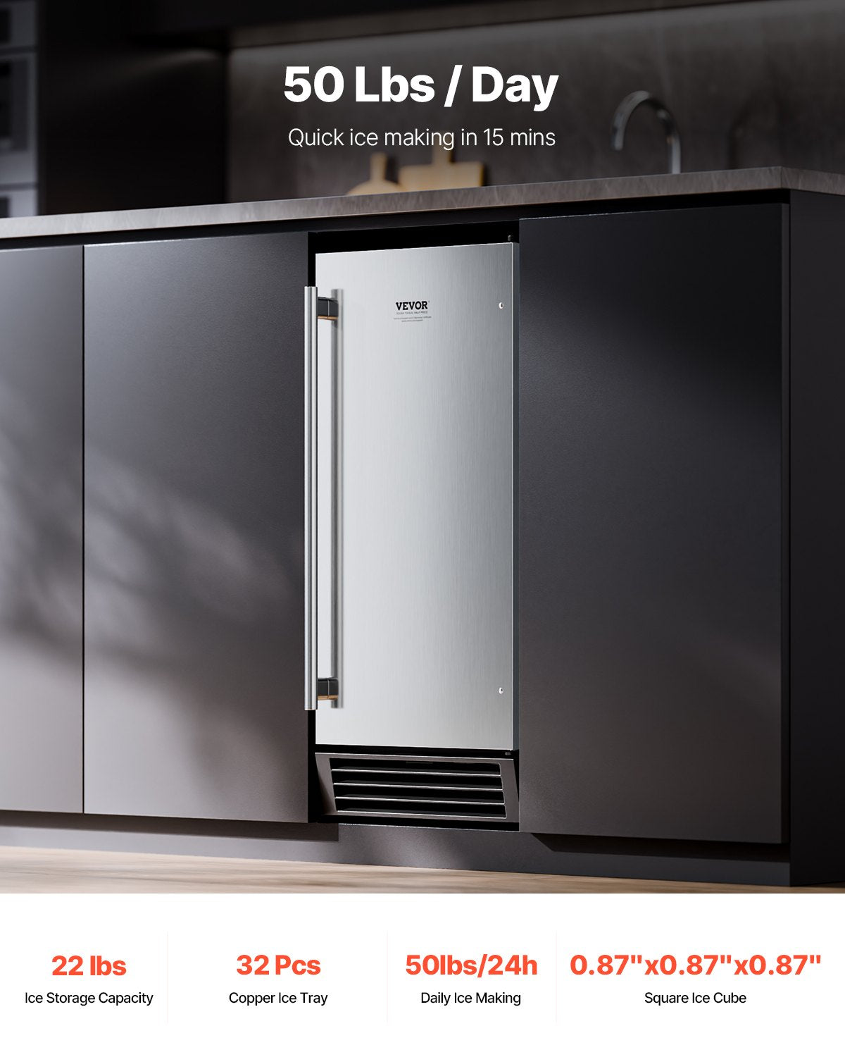 Undercounter Ice Maker Machine 50 lbs/Day with Drain Pump & Reversible Door - Silver