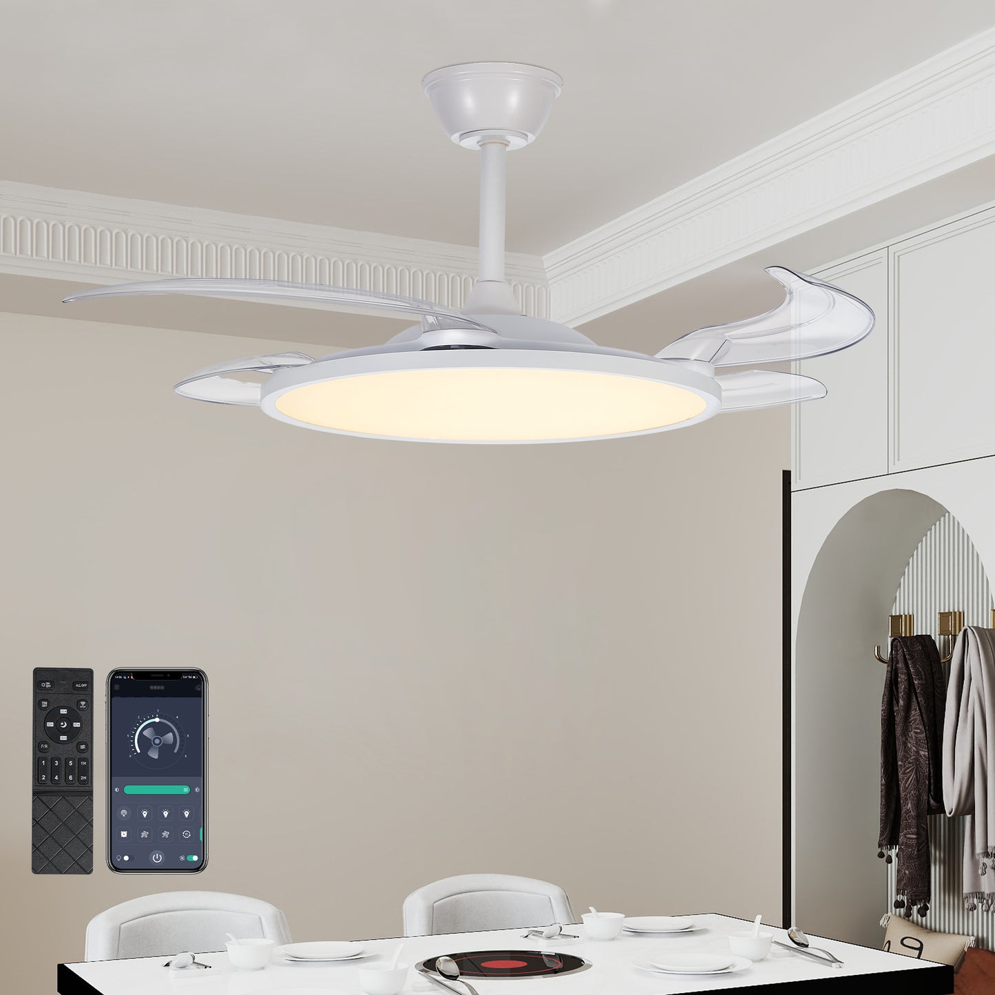 Retractable Ceiling Fan with Light and Remote Control - White