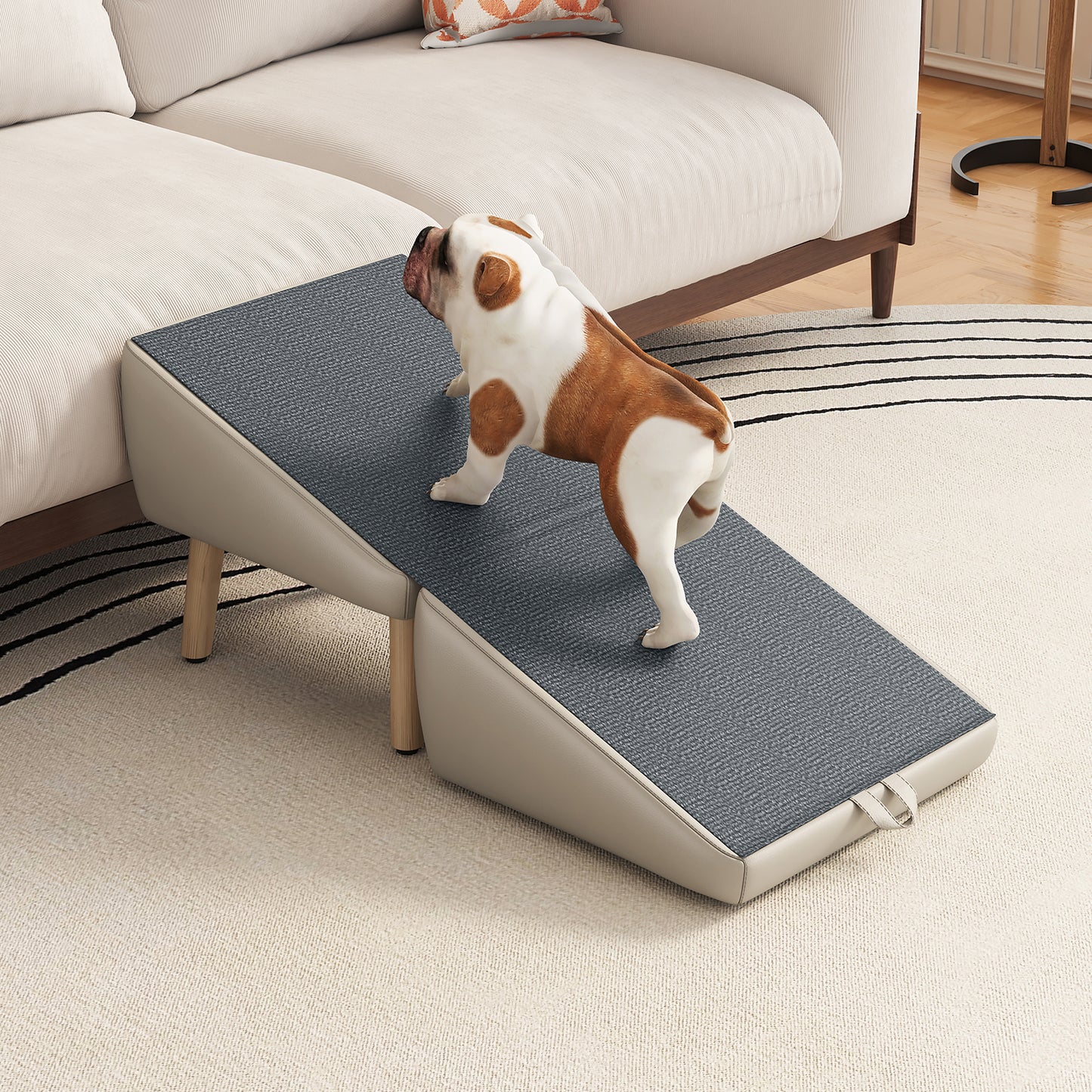 Foldable Wooden Dog Steps for Small Dogs and Cats - Non-Slip Ramp for Couch and Bed, Light Grey