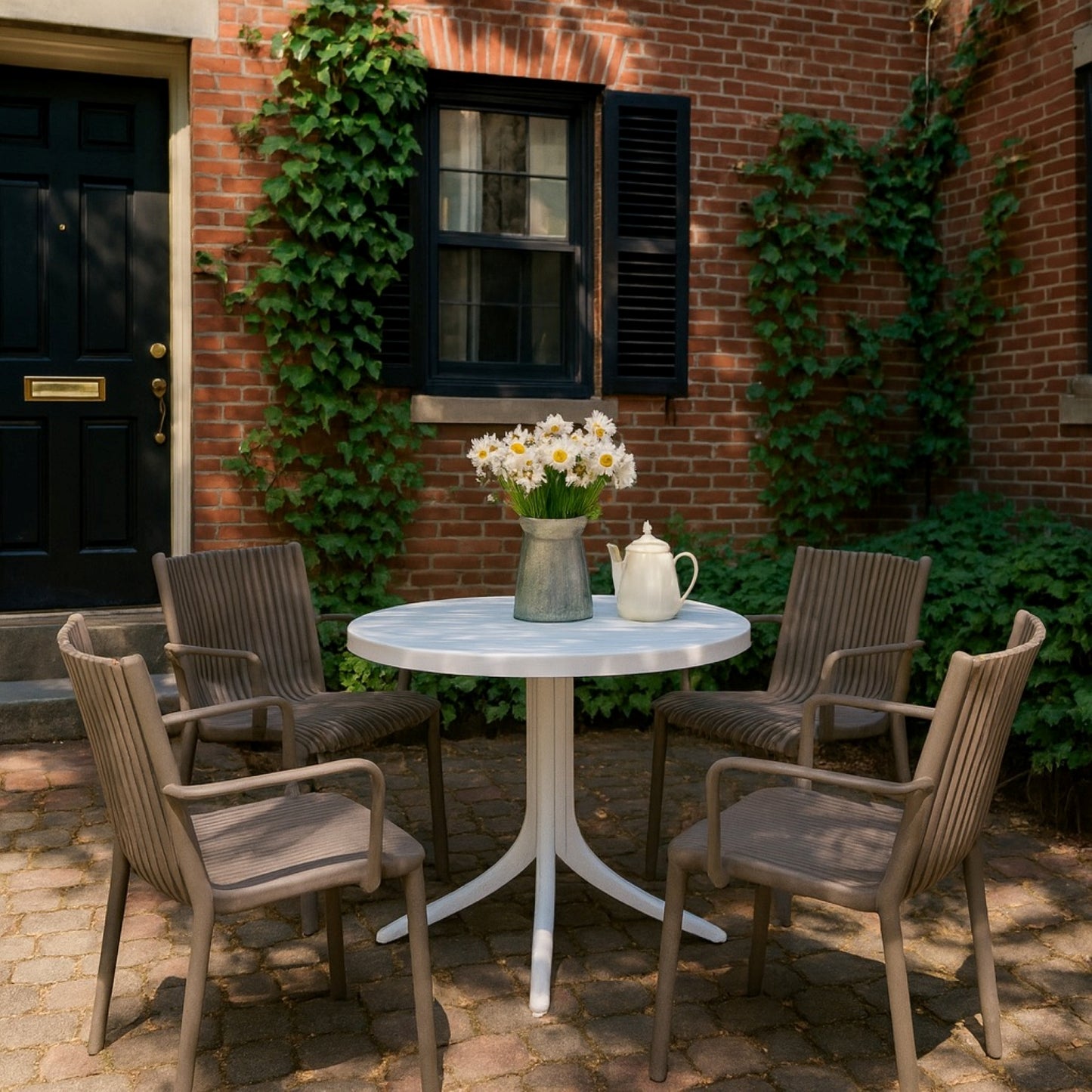 4-Piece Warm Grey Stackable Armchair & Round Table Set - Indoor/Outdoor