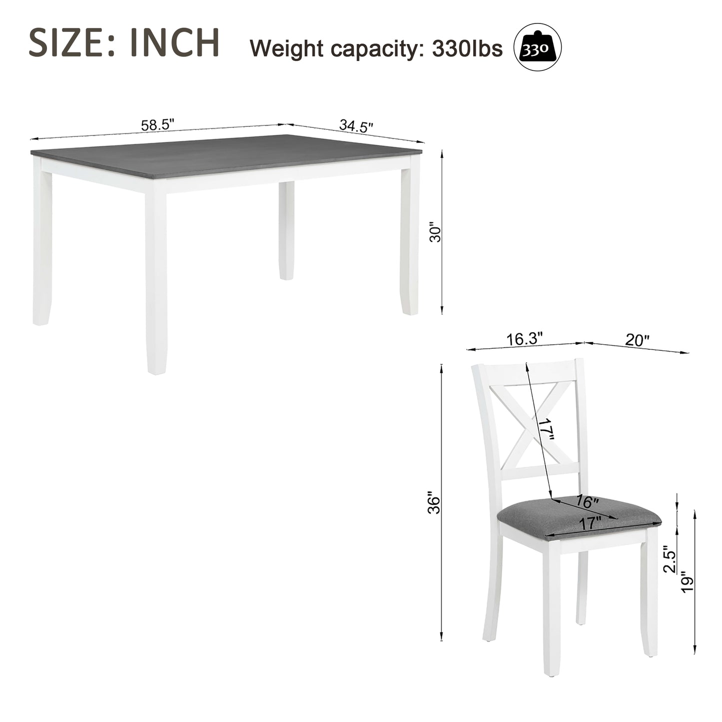 Solid Wood Dining Table Set with 6 Padded Chairs - Grey & White