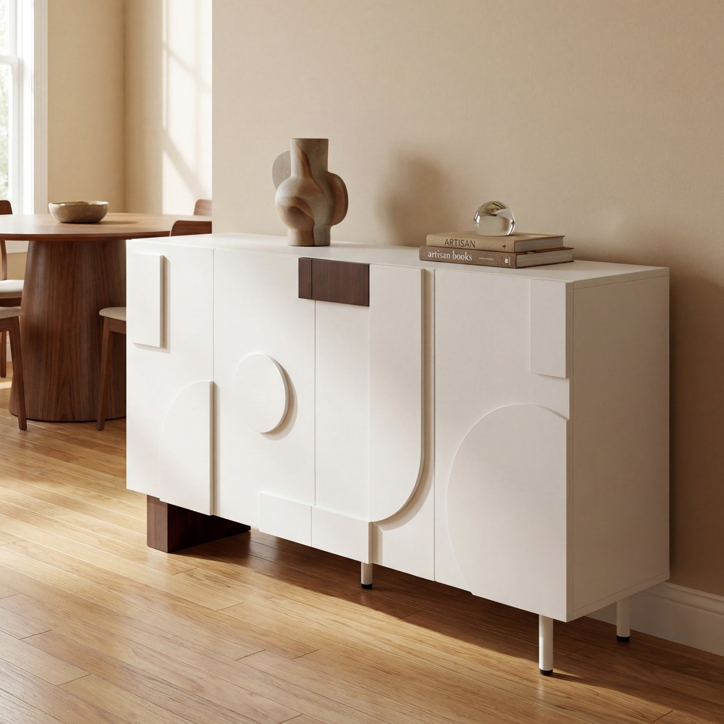 Modern White Sideboard Buffet Cabinet - 62.9" Wide with 4 Doors & Adjustable Shelves
