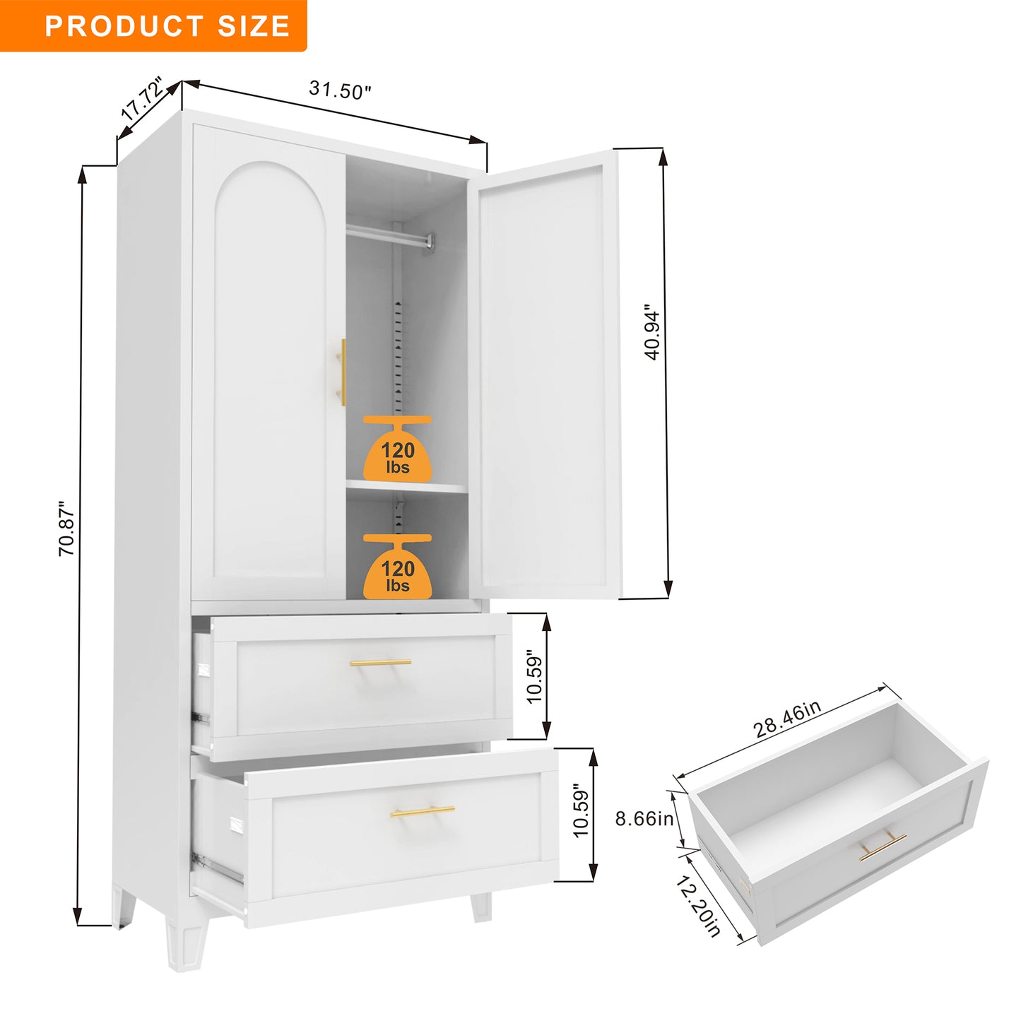 71-Inch Tall Metal Wardrobe Cabinet with 2 Drawers and Shelf - White