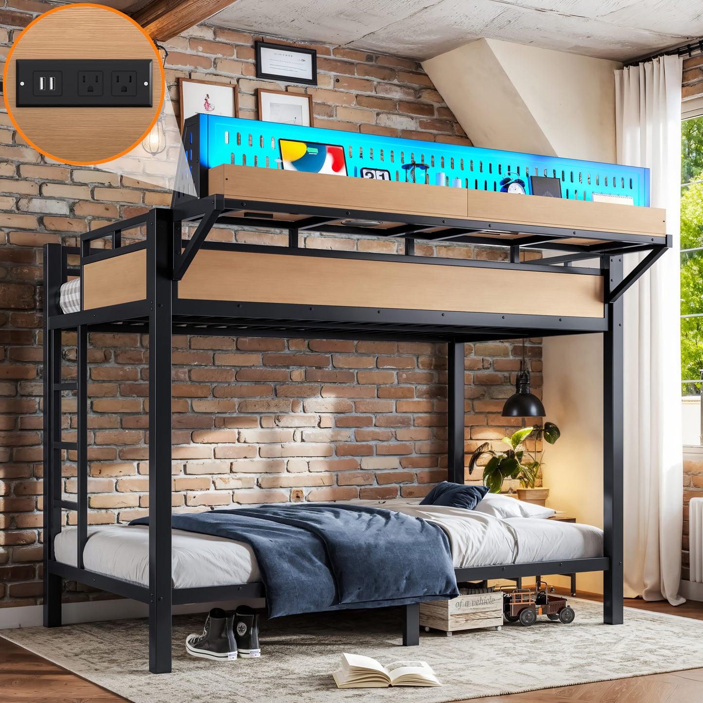 Twin XL Metal Bunk Bed with USB Ports & LED Lights - Natural