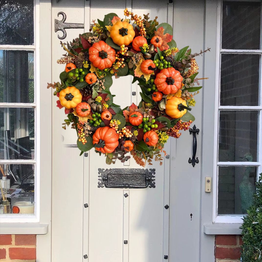 Artificial Pumpkin Wreath for Front Door Decor - Fall Harvest Festival