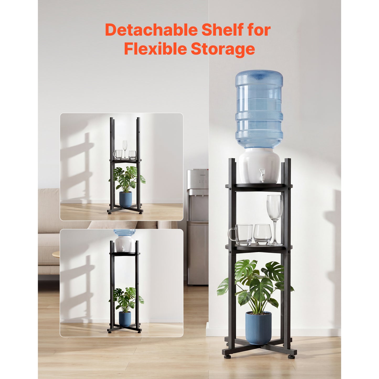 Heavy Duty Water Dispenser Stand with 2 Tiers, Detachable Shelf, Black