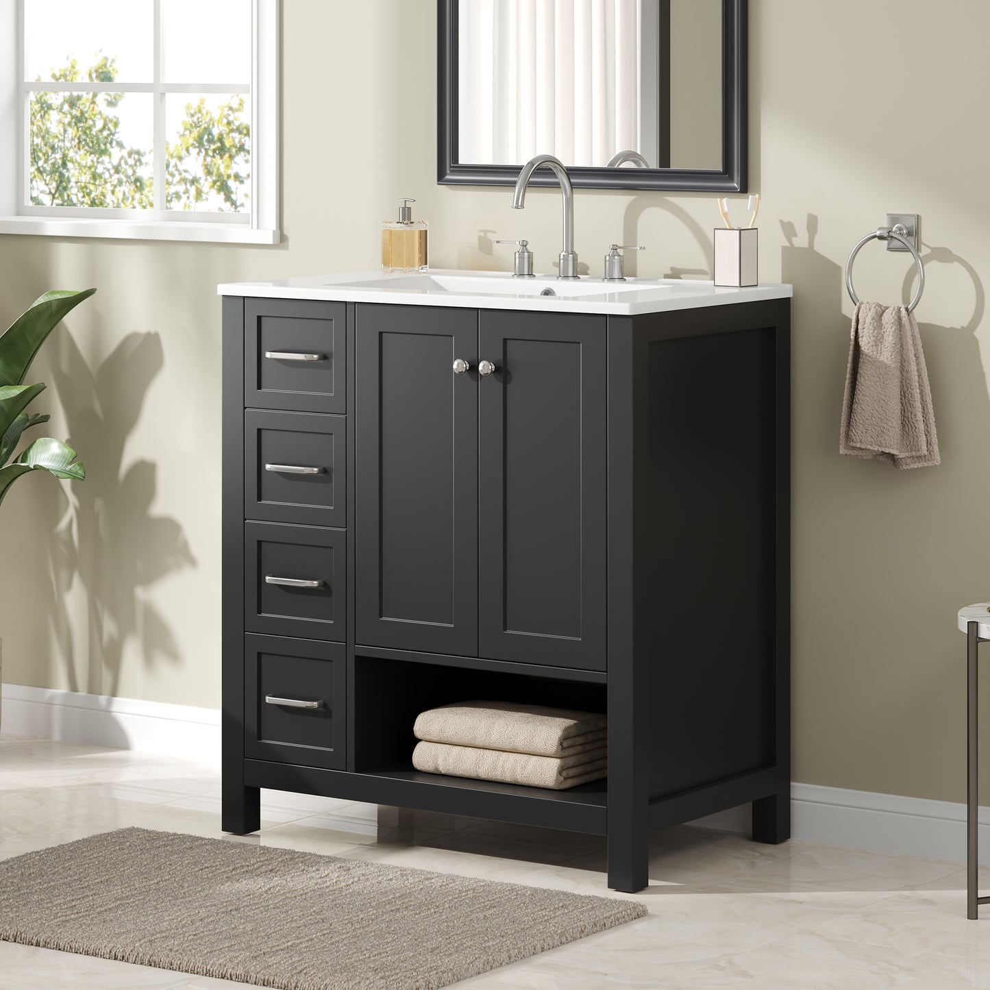 30-Inch Bathroom Vanity with Sink Top - Black Solid Wood & MDF