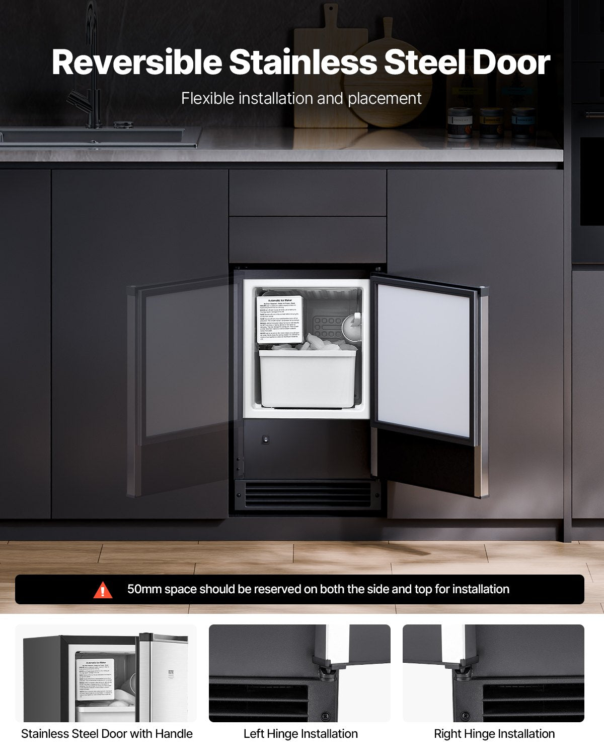 Undercounter Ice Maker 15 Lb/Day Built-In Kitchen Ice Machine with Reversible Door