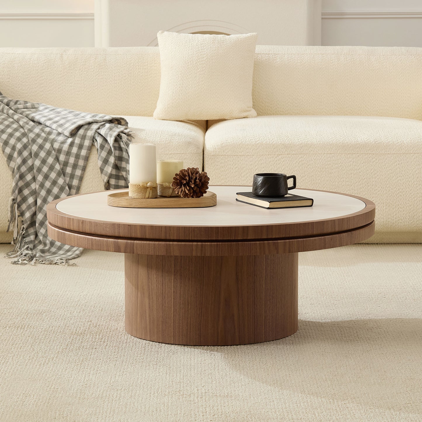 35.43-Inch Coffee Table with Sintered Stone Top - Walnut