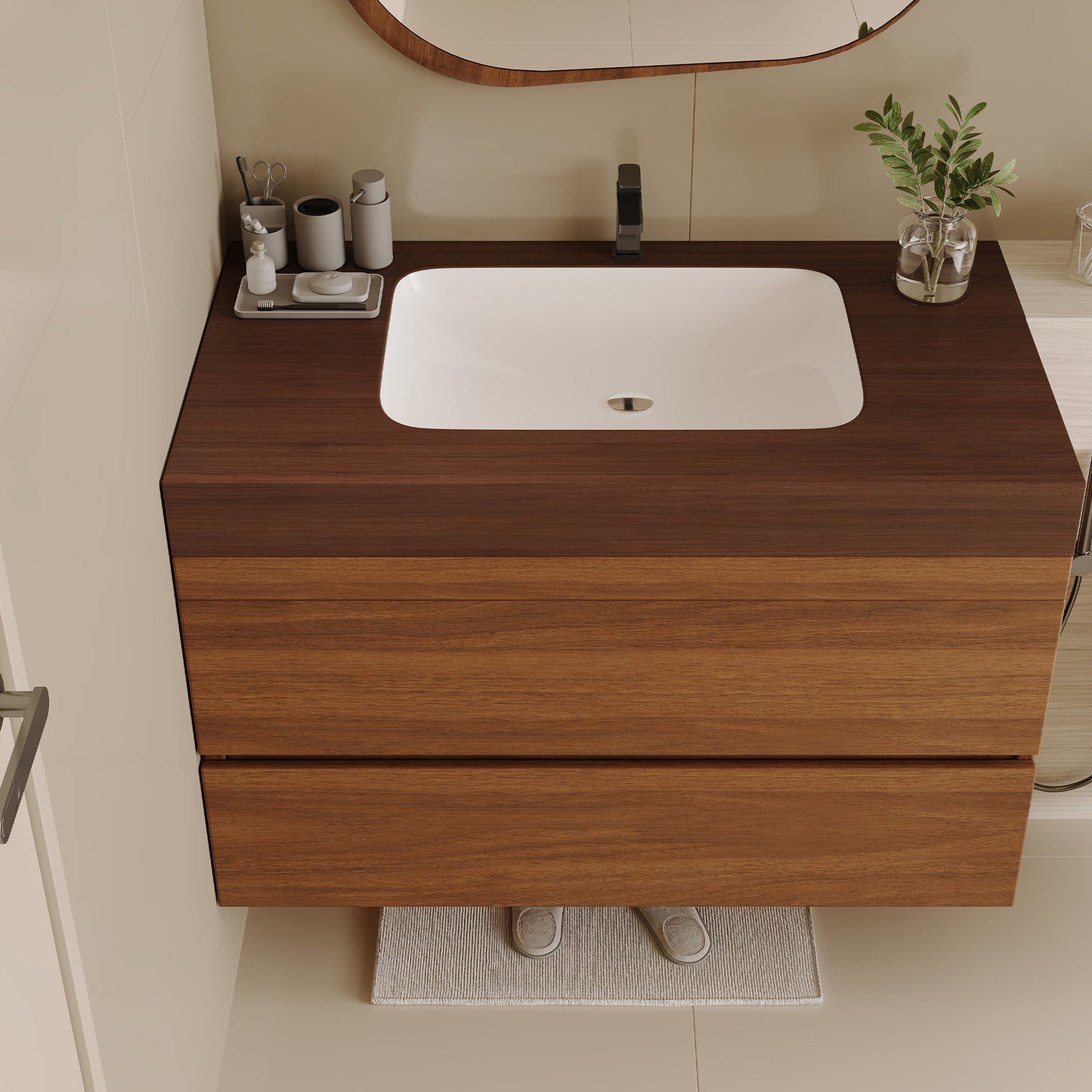 29.9" Modern Floating Bathroom Vanity with Faux Marble Top - Dark Brown Walnut