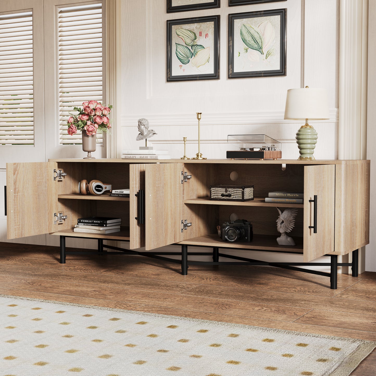4-Door TV Cabinet with Adjustable Shelves - Natural