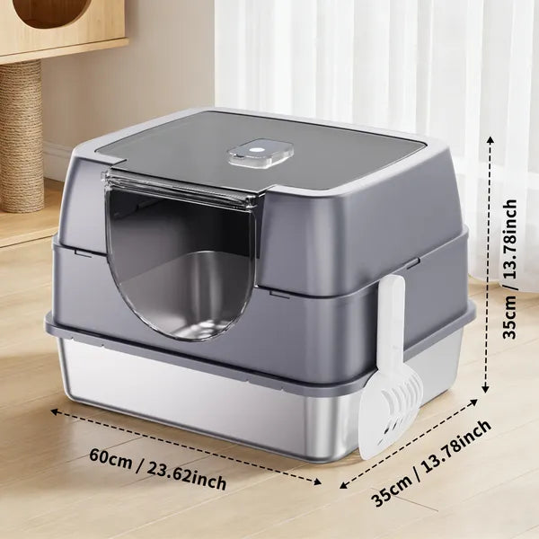 Enclosed Stainless Steel Cat Litter Box Odor Lock No Scatter Easy Clean White