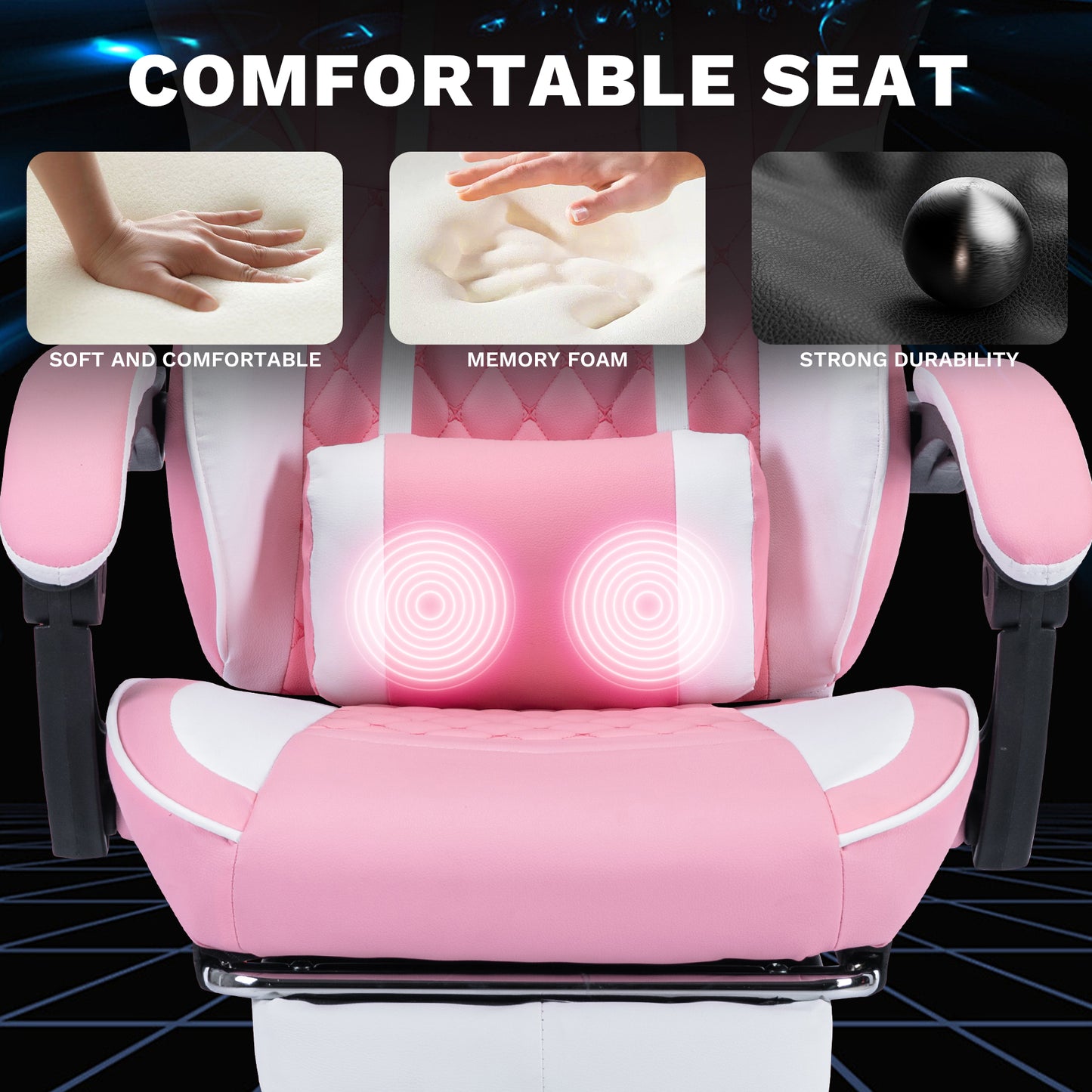 Ergonomic Gaming Chair with Massage Lumbar Support & Footrest - Pink & White