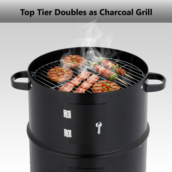 Black Cylindrical Outdoor Smoker with Chimney - Heavy-Duty Iron, 85cm