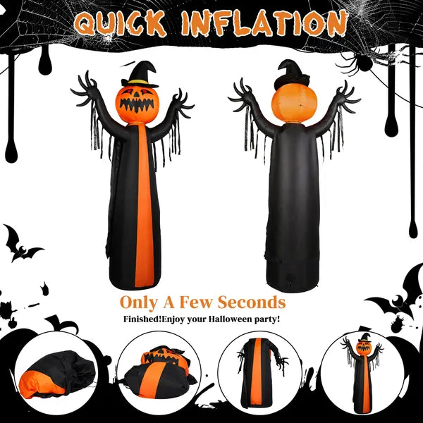 10ft Inflatable Pumpkin Ghost Decor with LED Lights - Black & Orange