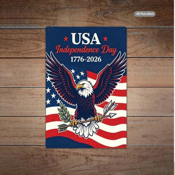 Patriotic Aluminum Tin Sign - Bald Eagle & American Flag Wall Art - 20x30 Inch