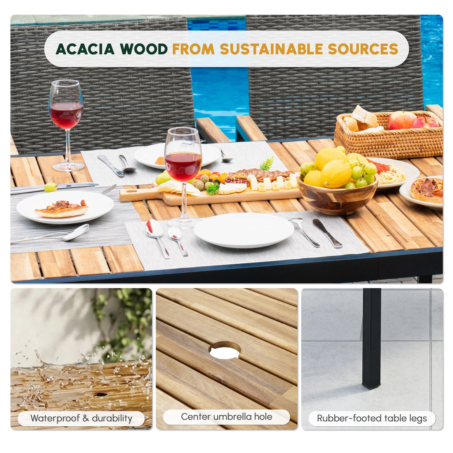 7-Piece Outdoor Dining Set with Acacia Wood Table & Rattan - Brown Gray