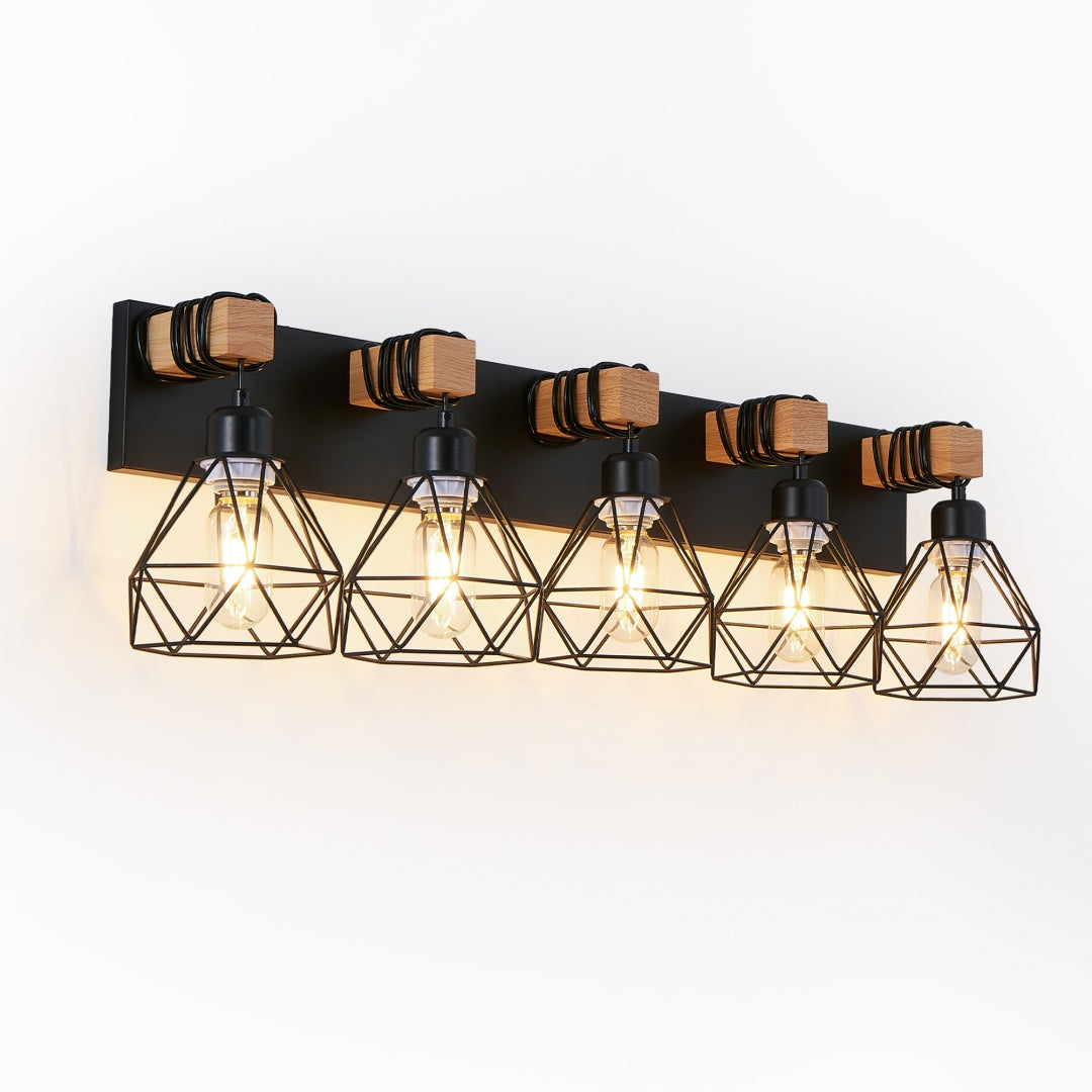 Modern Geometric 5-Light Vanity Light Fixture - Black Metal & Wood