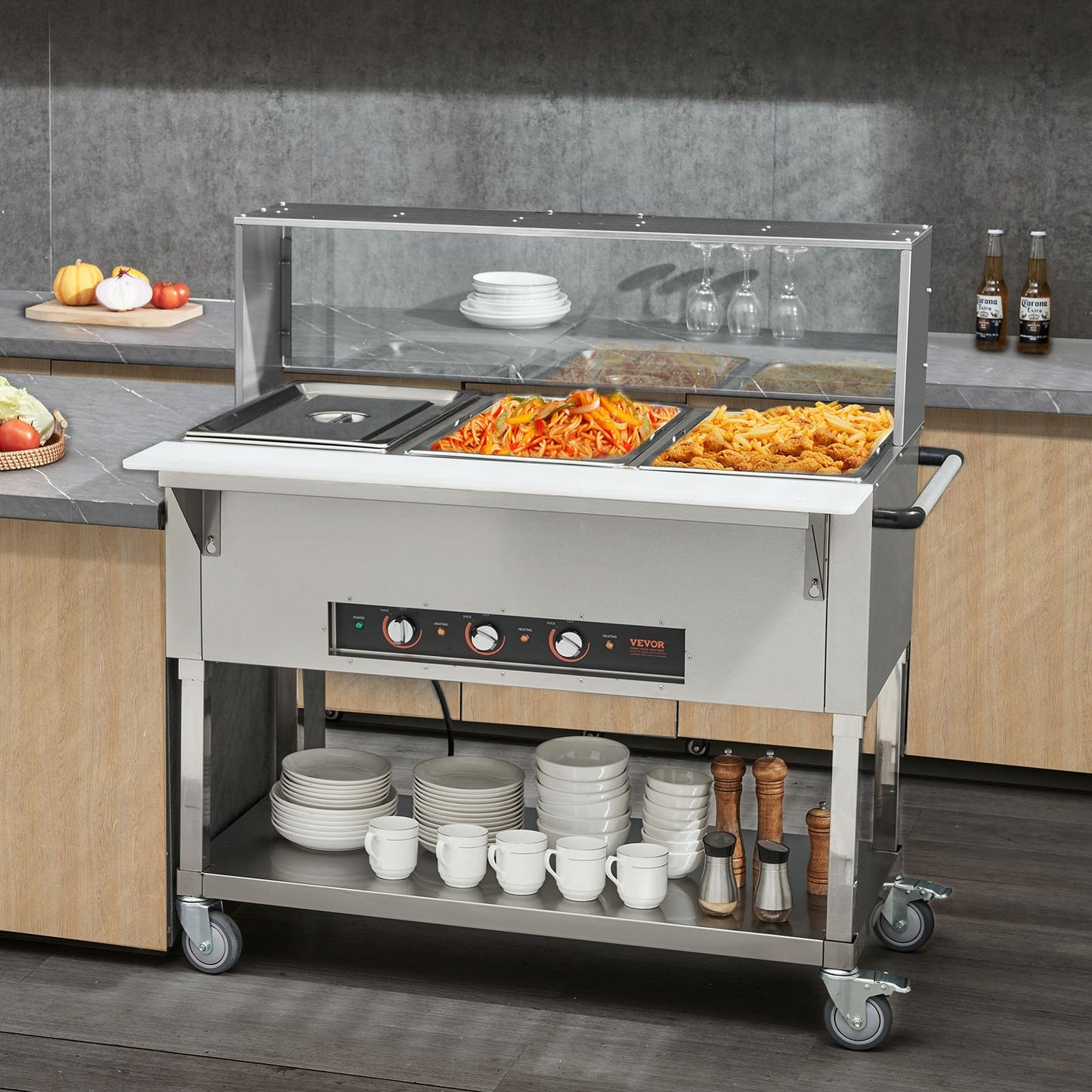 Commercial Food Warmer with 3 Pans and Acrylic Sneeze Guard - 1500W Stainless Steel Buffet Server, Silver