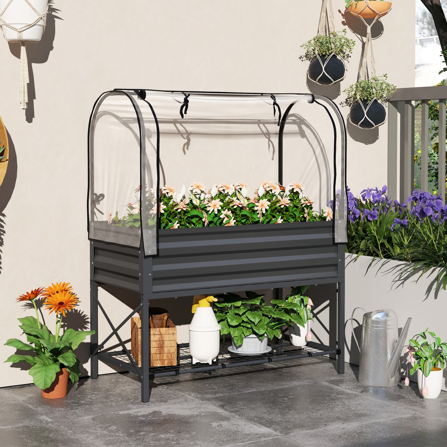 Raised Garden Bed with Cover and Legs - Metal Elevated Planter with Shelf - Dark Gray 1180x370x95mm