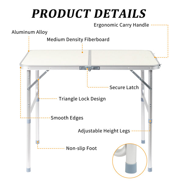Home Use Aluminum Alloy Folding Table 90x60x70cm - White, Portable & Space-Saving