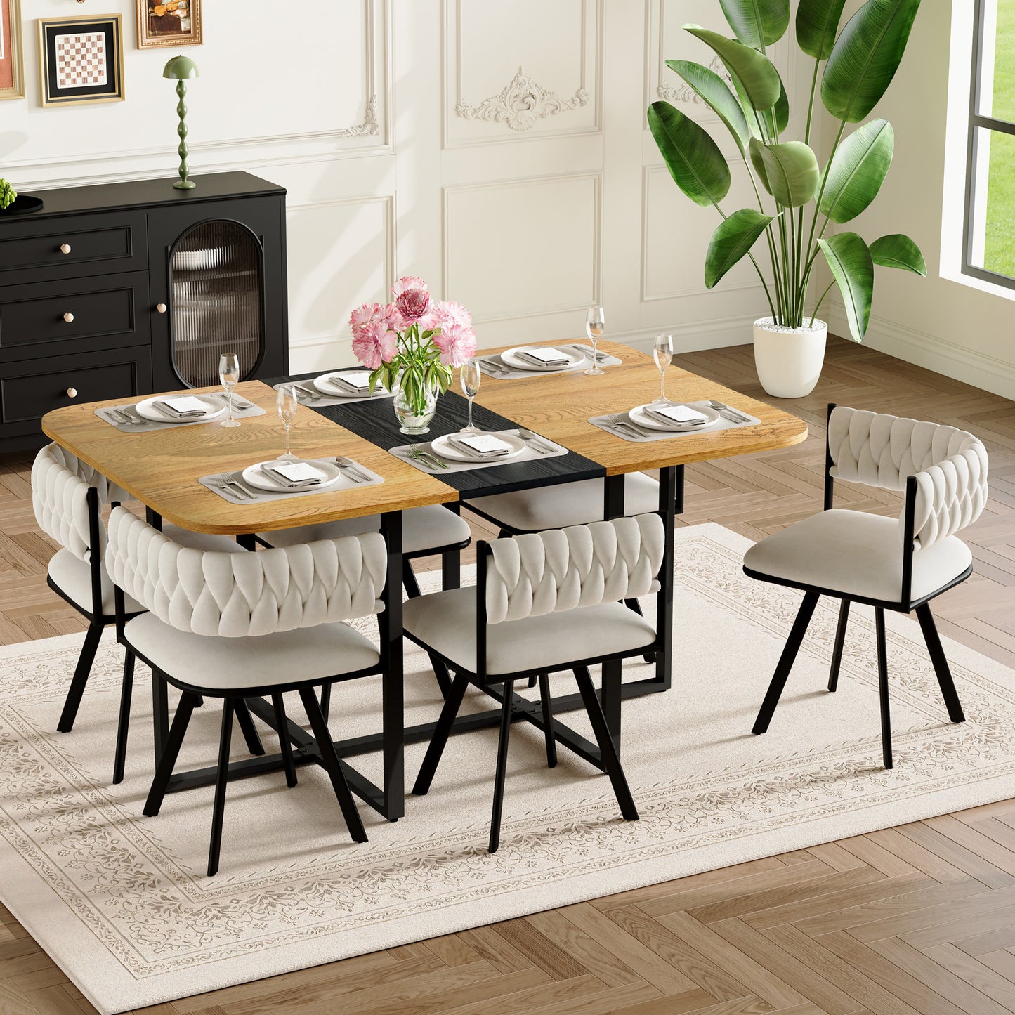 7-Piece Dining Table Set with Two-Tone Wood Top & Velvet Chairs