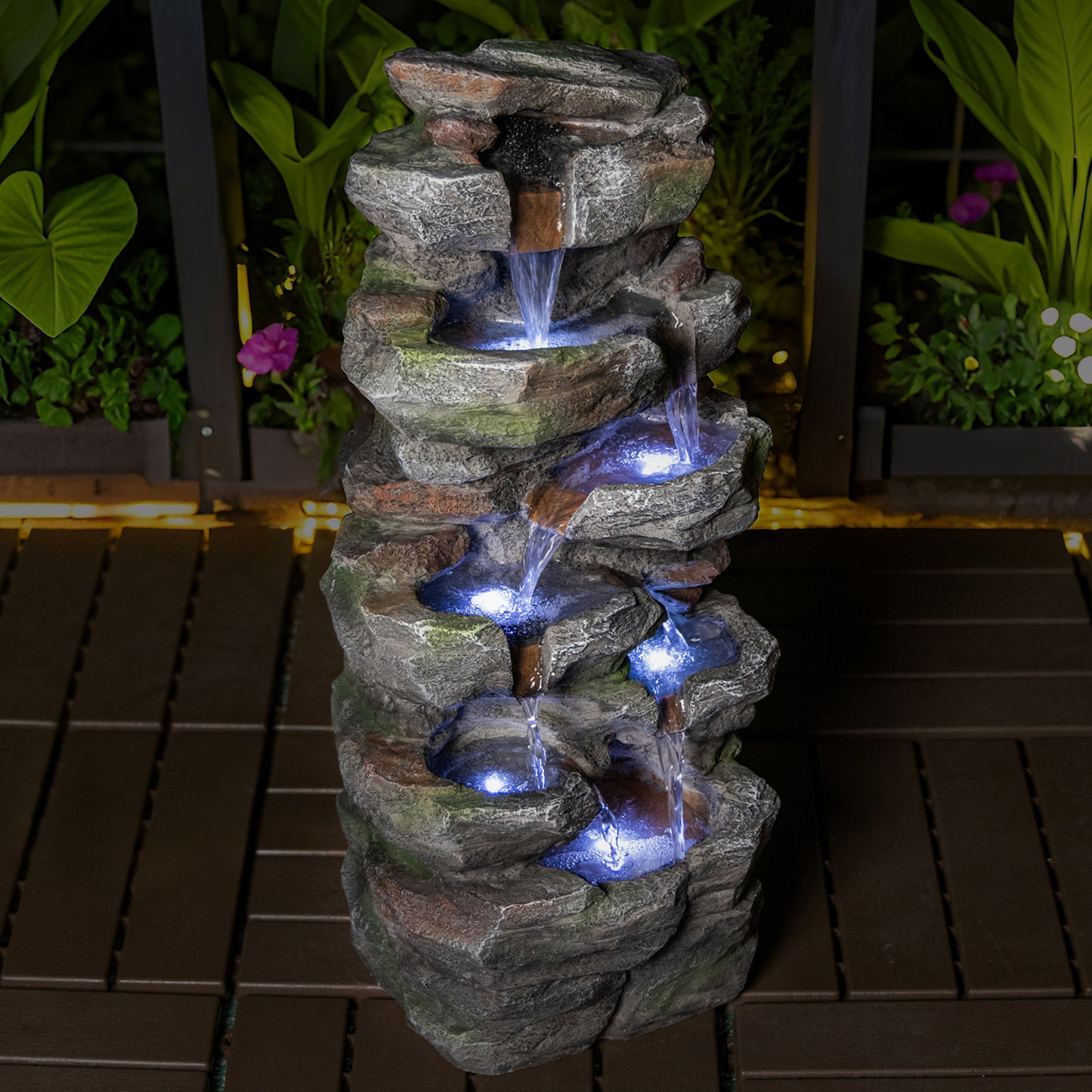 Outdoor Rock Waterfall Fountain with LED Lights for Garden Patio Lawn