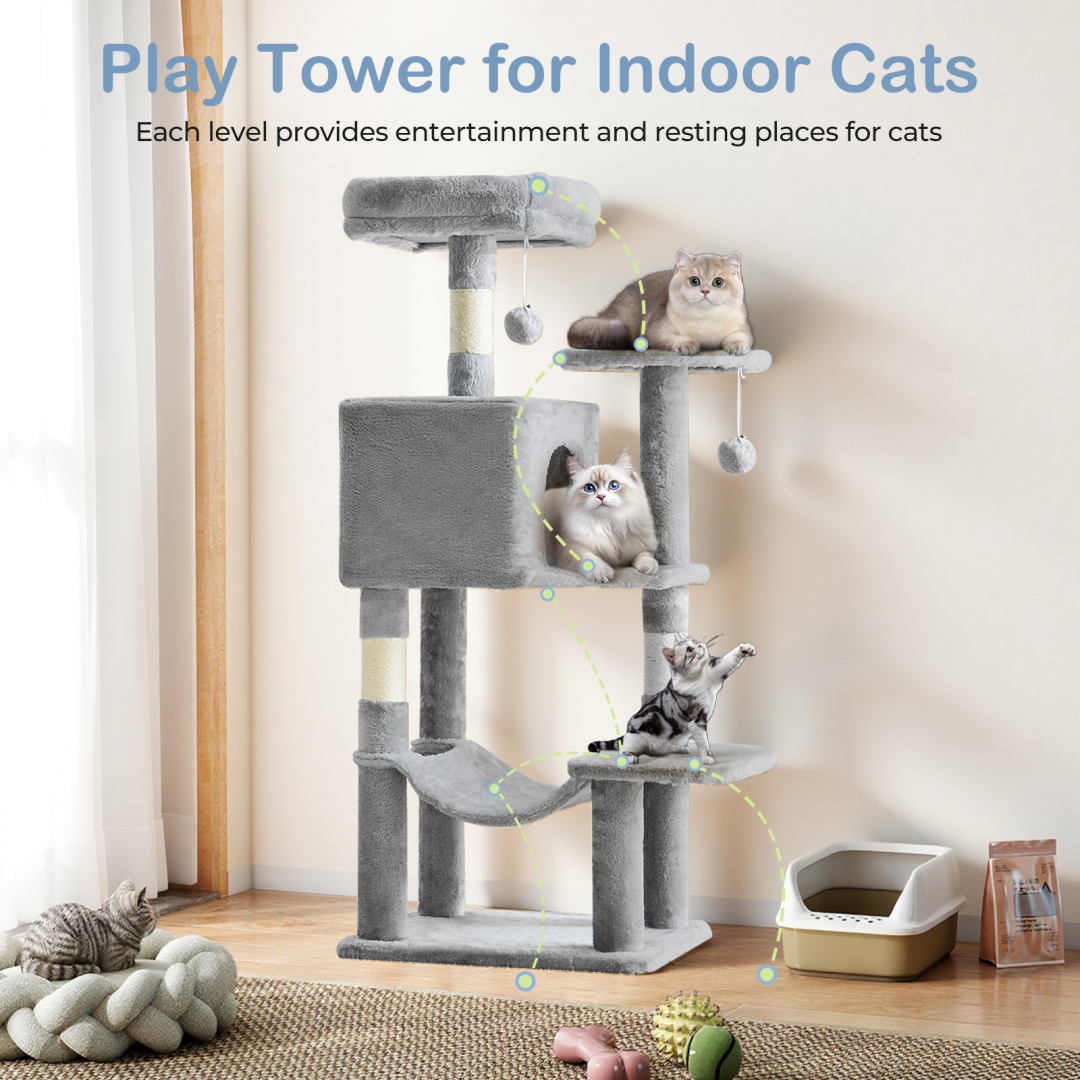 44-Inch Multi-Level Cat Tree Tower with Scratching Posts, Platforms & Hammock