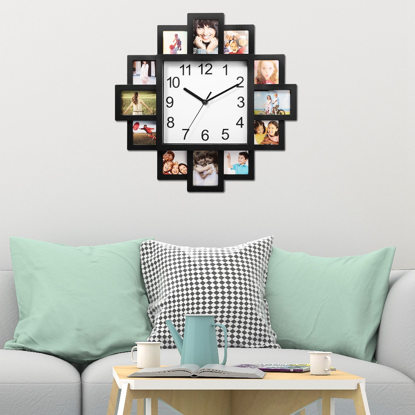 Photo Frame Wall Clock - 12 Picture Collage, Black