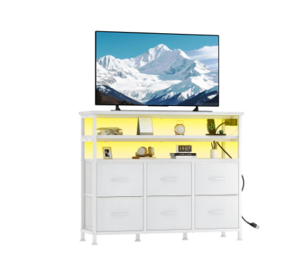 39-Inch TV Stand with RGB LED Lights & Charging Station - White