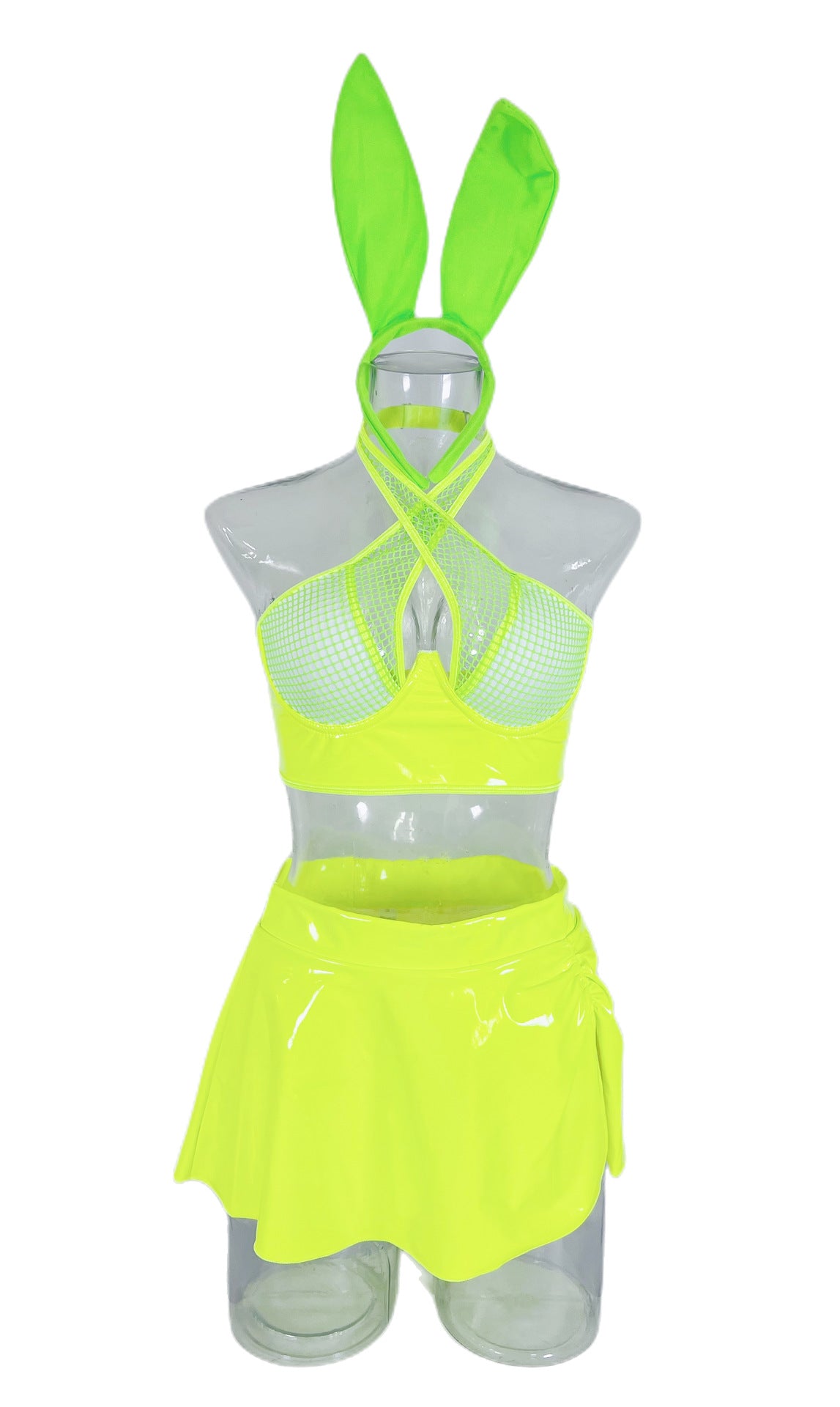 Women's Fishnet Split PU Bunny Costume Set - 3-Piece Lingerie
