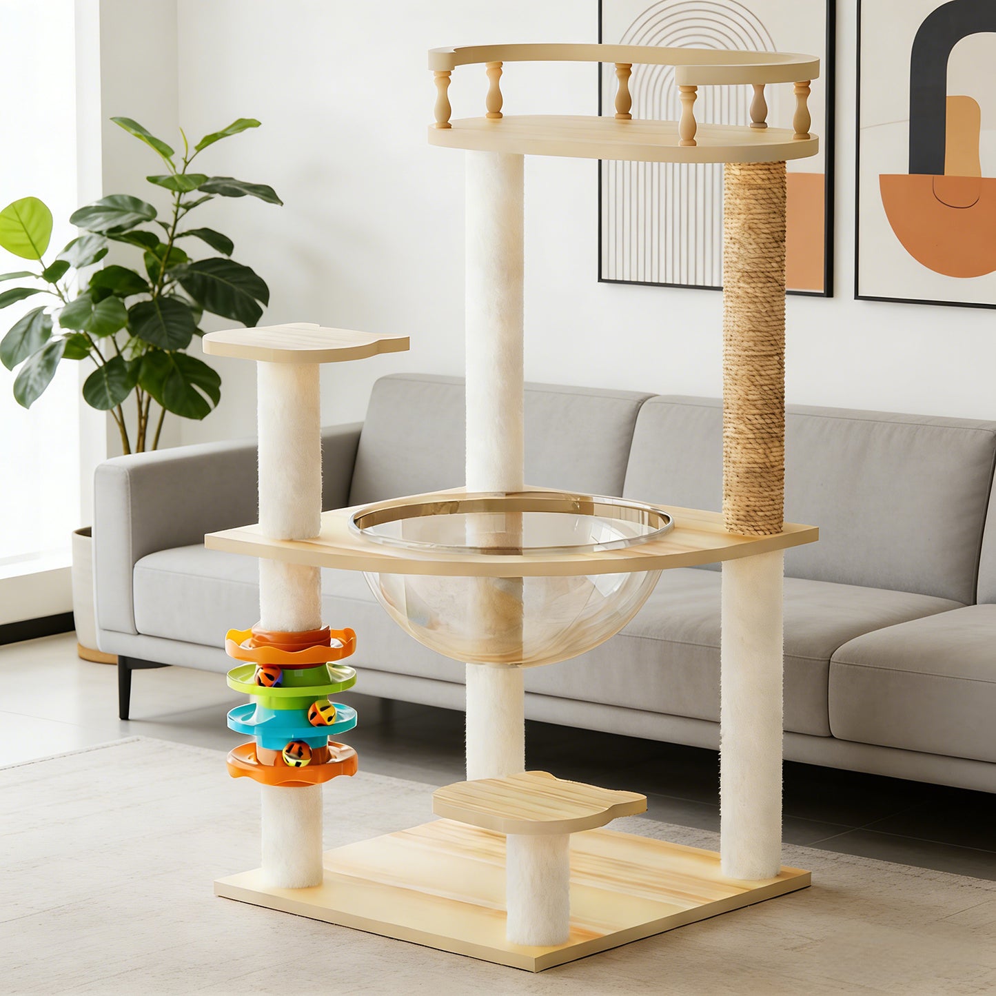 Wood Cat Tower with Sisal Scratching Posts & Top Perch - Modern Cat Tree for Indoor Cats