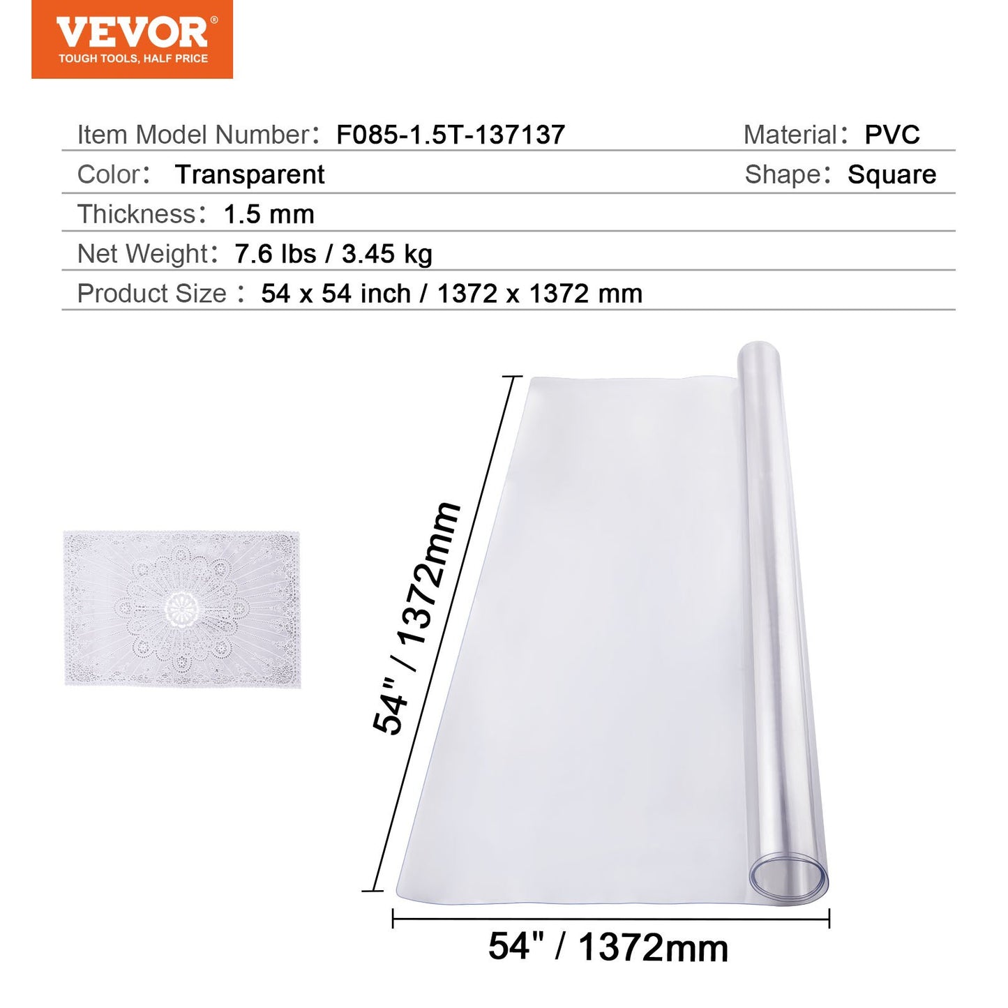 Clear PVC Table Protector 54x54 Inch - 1.5mm Thick